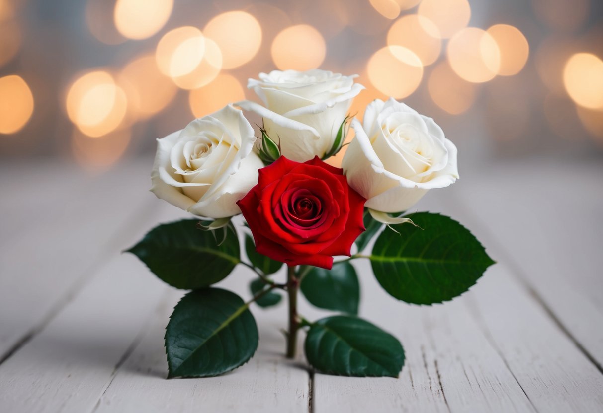 A single red rose surrounded by three white roses, symbolizing a sincere apology