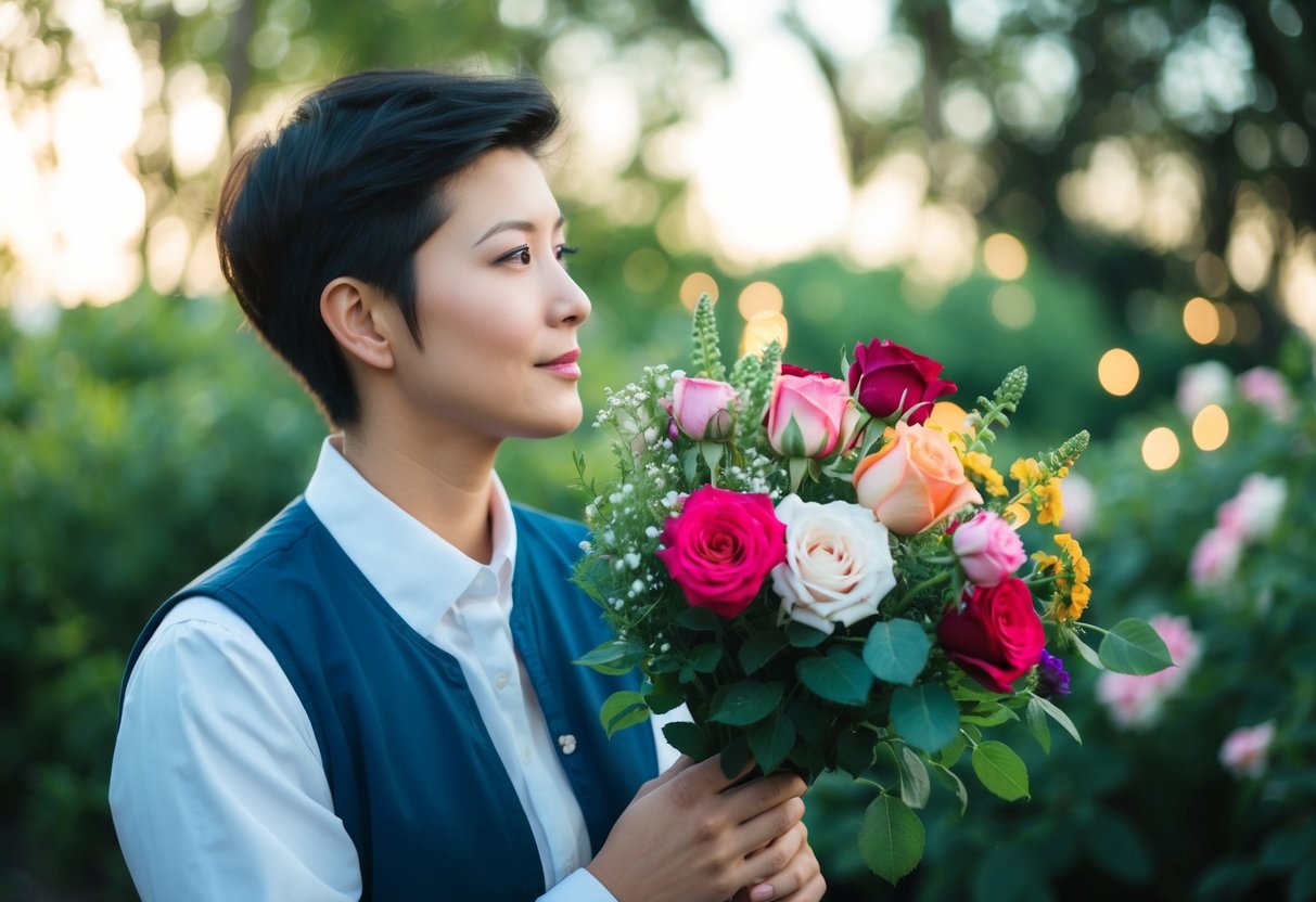 A person holding a bouquet of various flowers, with a few roses among them, appearing thoughtful and contemplative