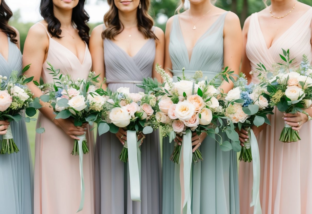 A serene garden wedding with soft pastel hues of blush pink and dusty blue, accented with touches of gold and greenery