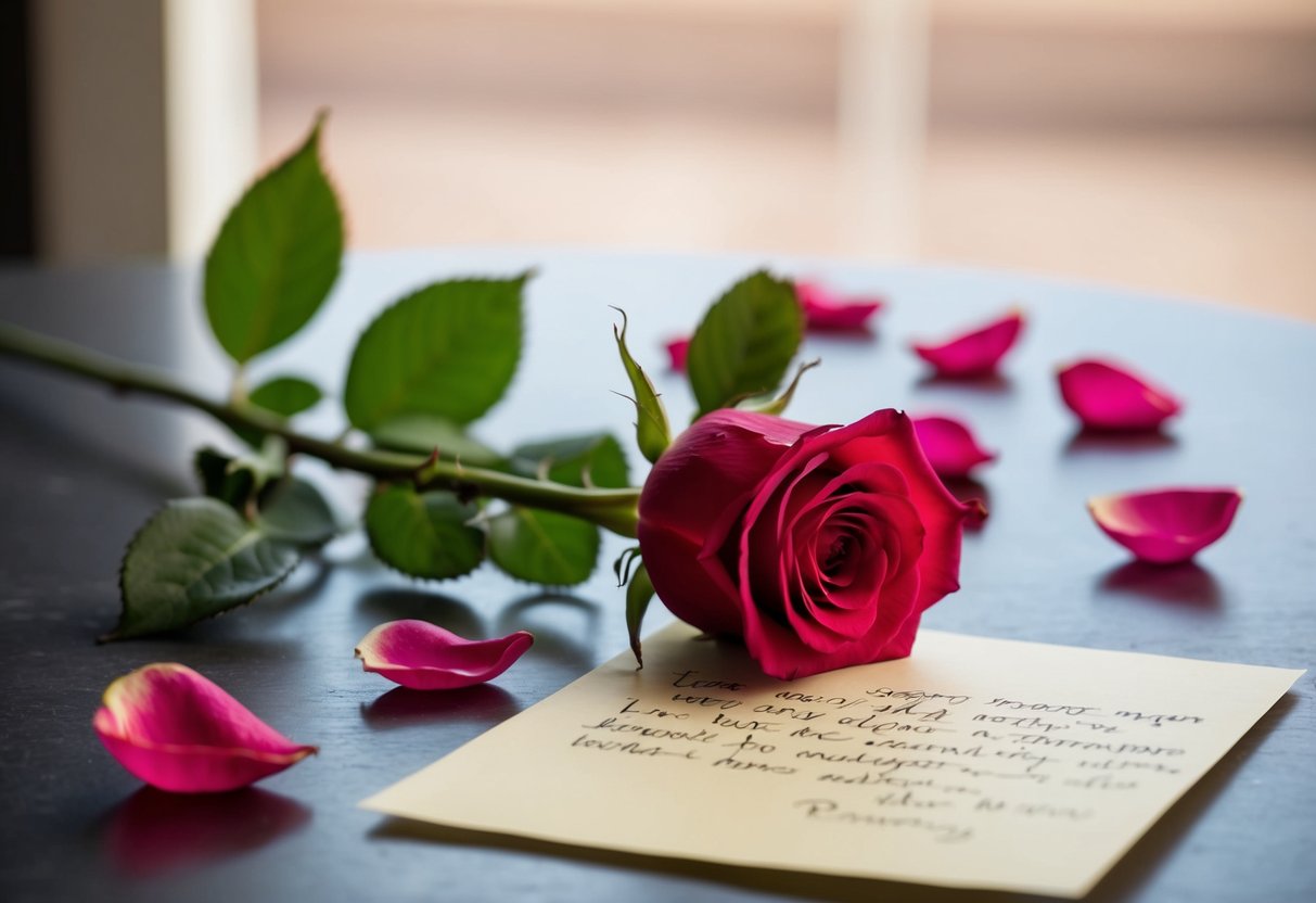 A single rose lying on a table, surrounded by scattered petals and a handwritten note expressing remorse