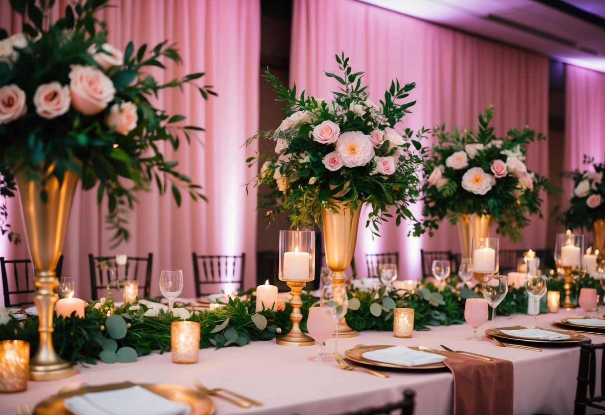 A vibrant scene of a wedding reception with a combination of blush pink and gold decor, accented with lush greenery and soft candlelight