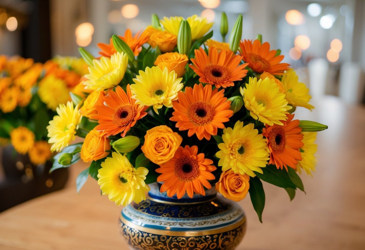 A vibrant bouquet of yellow and orange flowers arranged in a decorative vase