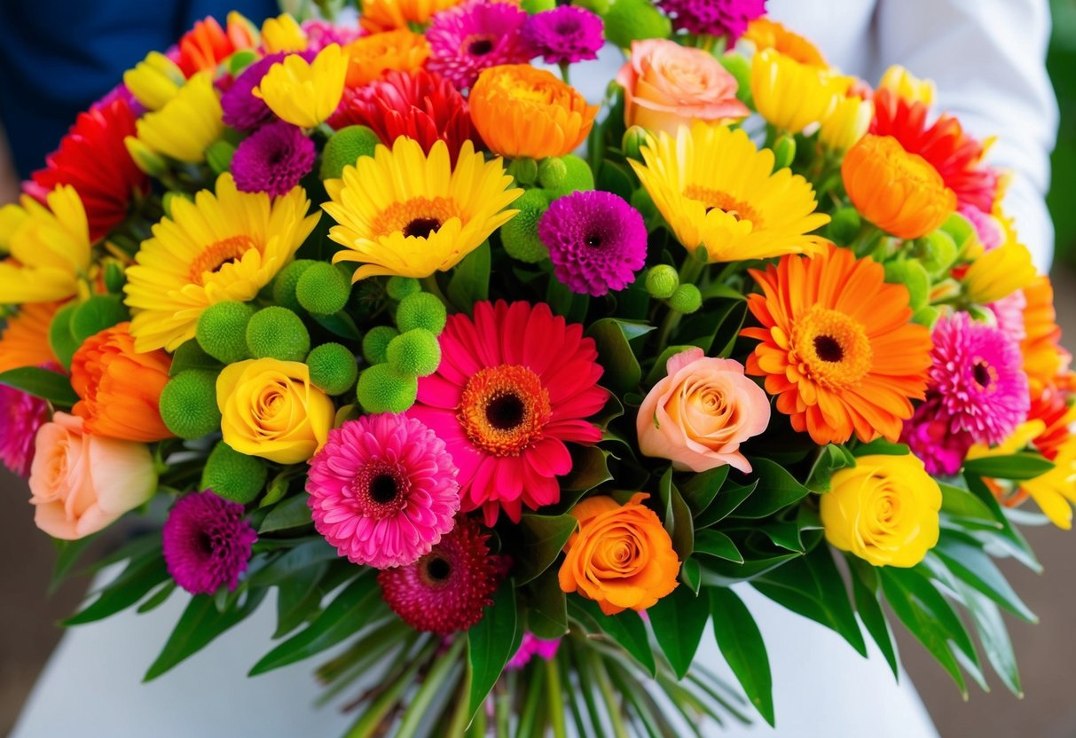 A vibrant bouquet of colorful flowers arranged in a celebratory manner, with bright hues such as yellow, orange, pink, and red