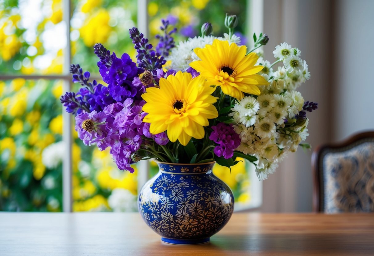 A vibrant mix of yellow, purple, and white blooms arranged in a decorative vase