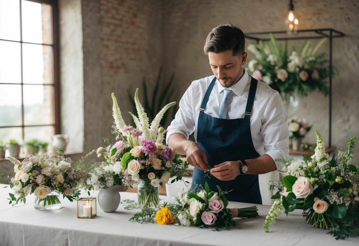 A wedding florist arranging a variety of flowers in a rustic, elegant setting with soft lighting