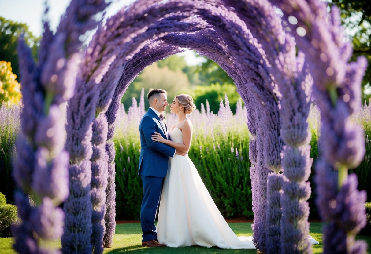 A lavender archway frames the bride and groom, symbolizing grace and elegance at the wedding
