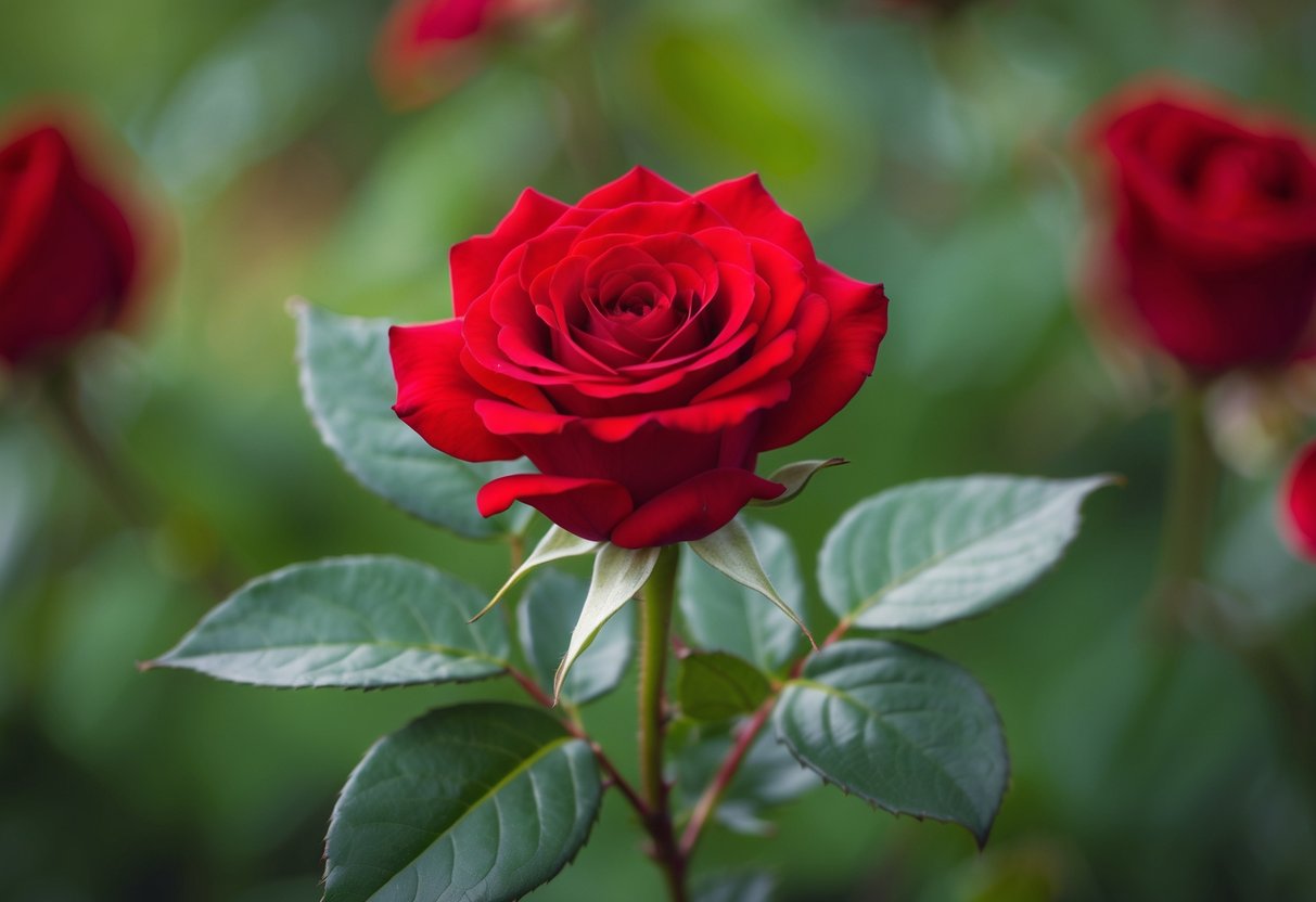 A single red rose in full bloom, surrounded by delicate green leaves, symbolizing love and passion