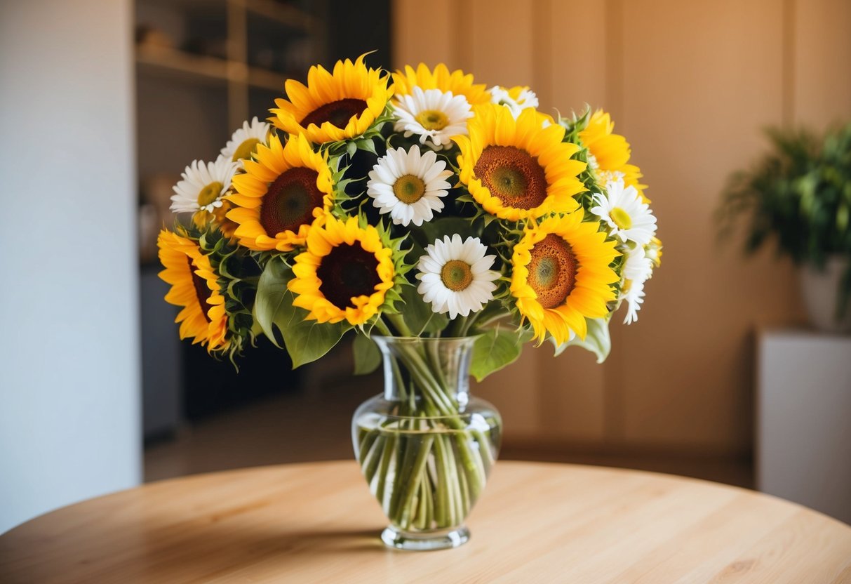 A bouquet of sunflowers and daisies in a vase on a table