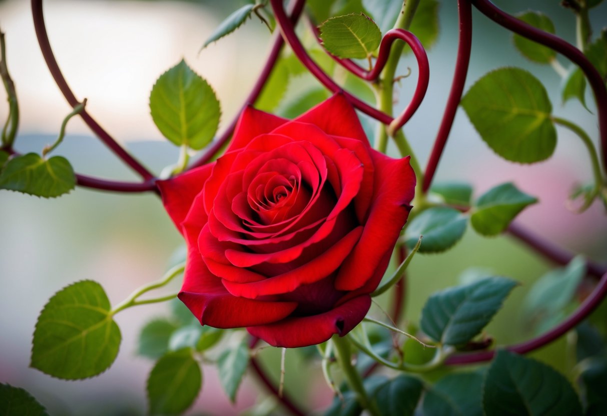 A single red rose surrounded by intertwining vines and heart-shaped leaves, symbolizing love and passion