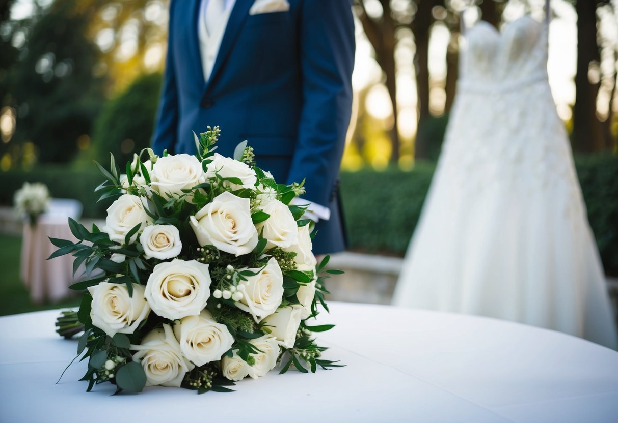A bouquet of white roses and greenery sits on a table near a wedding dress and suit