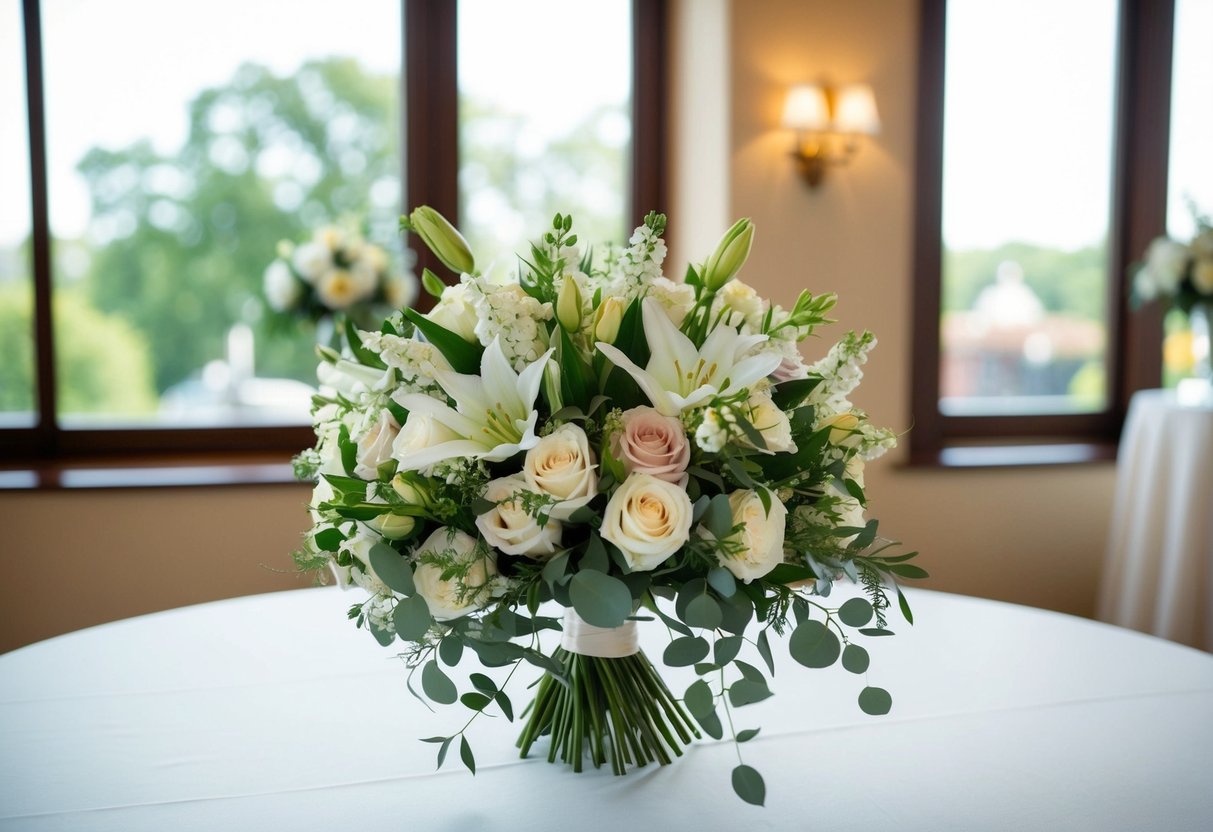 A beautifully arranged bouquet sits on a table, ready to be held by the mother of the groom