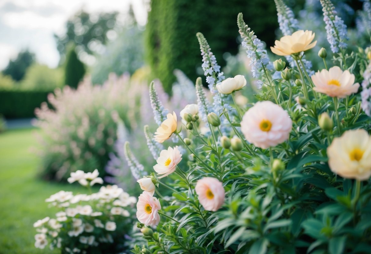 A lush garden with pastel-hued flowers and soft, dusty blue accents