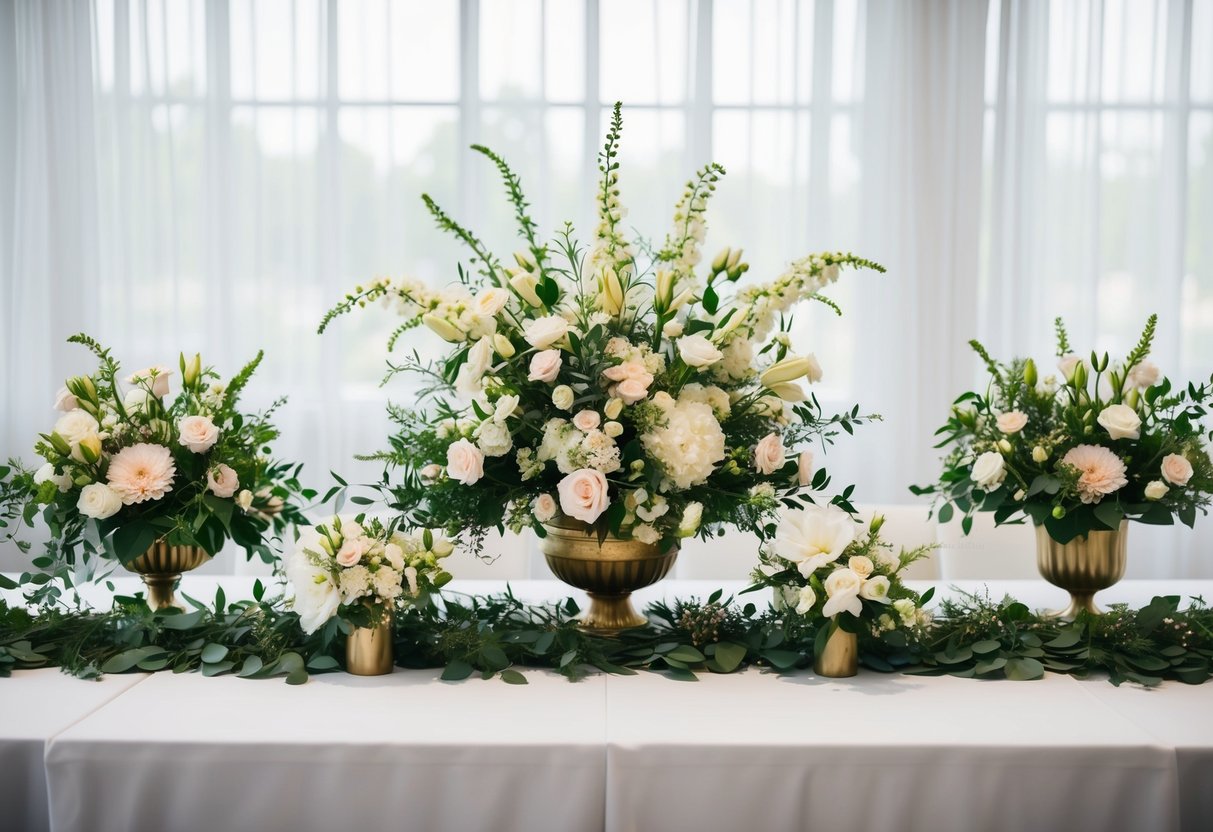 A table with various floral arrangements, including a larger, more elaborate bouquet, surrounded by greenery and smaller blooms