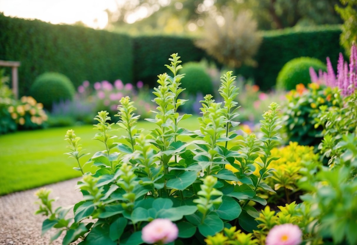 A lush garden setting with soft, pastel tones and pops of vibrant, natural greenery