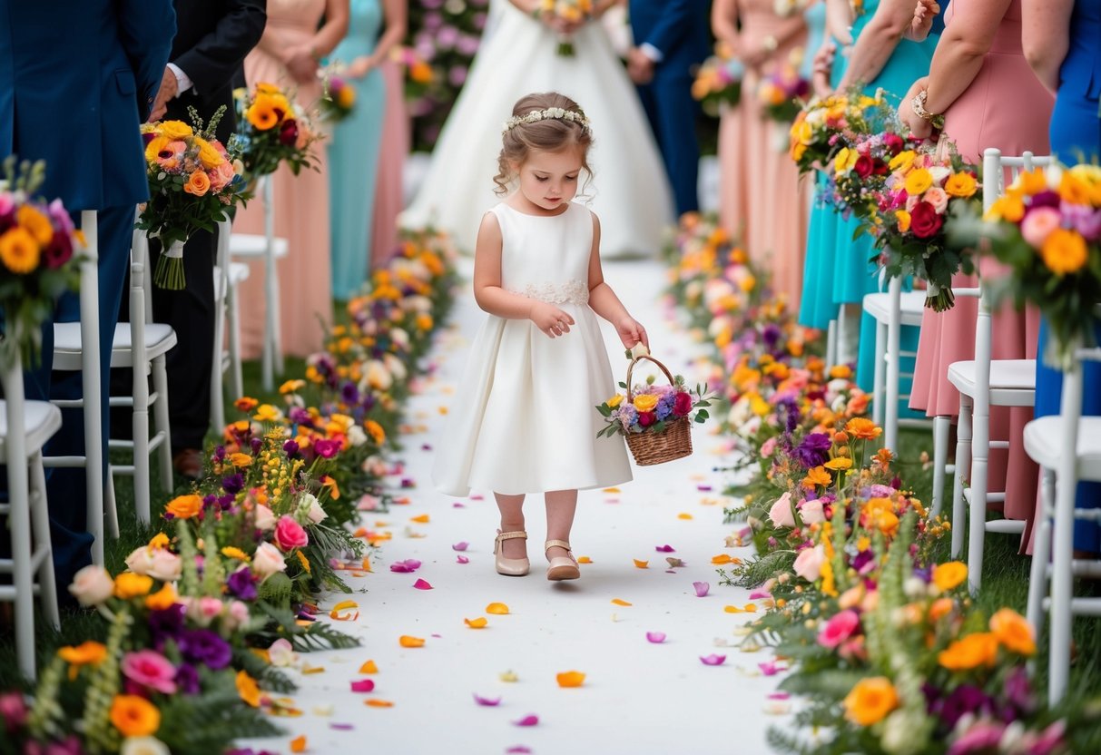 A flower girl scatters petals along the aisle, surrounded by a sea of colorful blooms matching the bride's bouquet