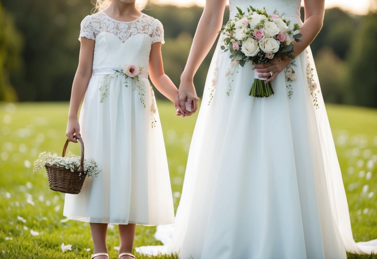 A bride and a flower girl stand side by side, both wearing matching white dresses with delicate lace and floral accents. The bride holds a bouquet of flowers, while the flower girl carries a small basket of petals