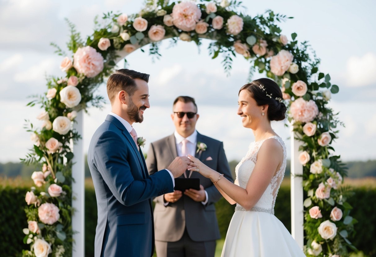 A bride and groom exchanging rings in front of a white wedding arch adorned with blush pink and soft green floral arrangements