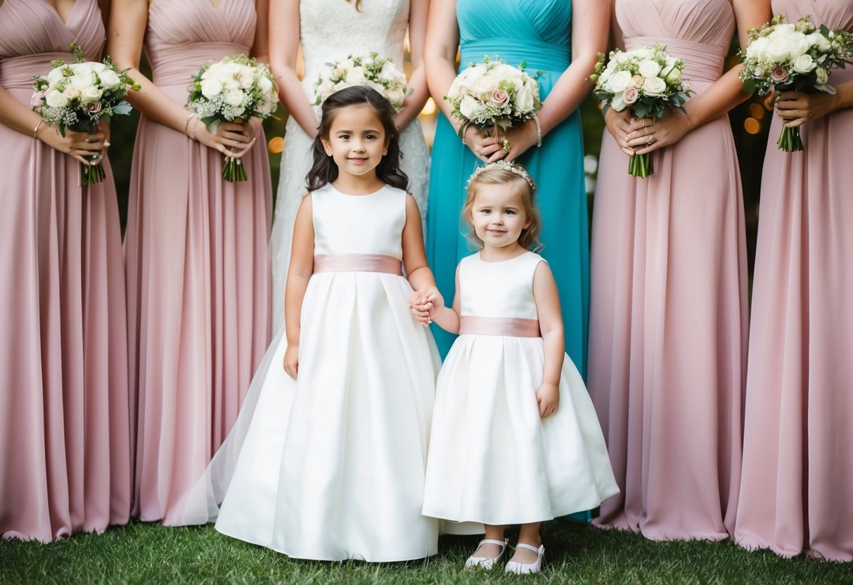 The bride and flower girl stand side by side, both wearing matching dresses in a cohesive color scheme, creating a harmonious and elegant look for the bridal party