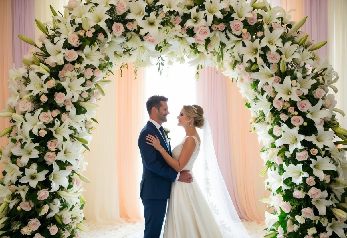 A bride and groom standing under a floral arch of white lilies and roses, surrounded by a sea of soft pastel pink and cream-colored decorations