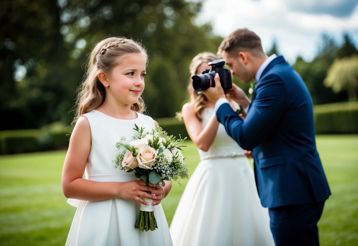 A flower girl holds a bouquet, standing beside a wedding photographer capturing the bride's portrait
