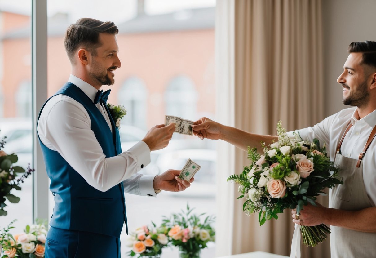 The groom hands over money to a florist for a bouquet of flowers