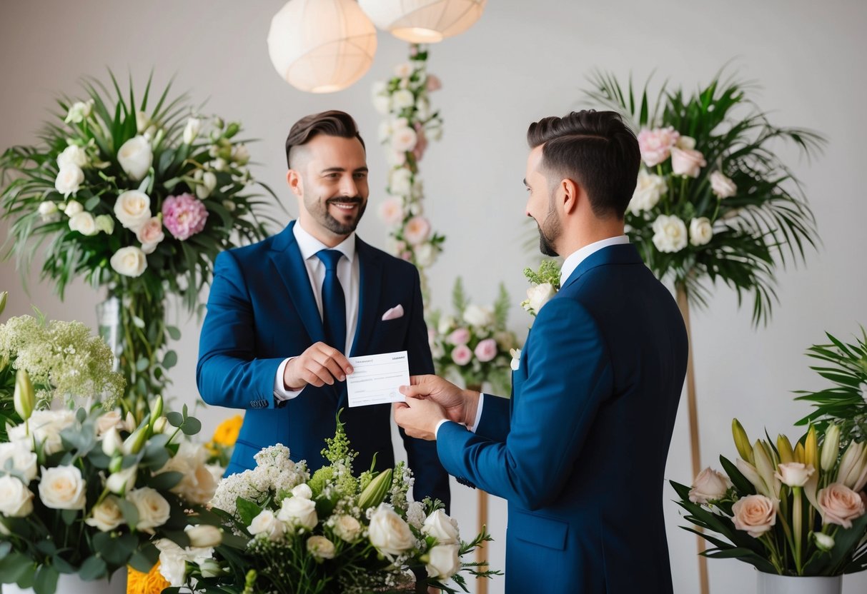 A groom handing over a check to a florist, surrounded by various floral arrangements and wedding decor