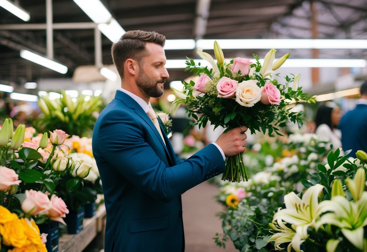 A groom stands at a flower market, selecting roses, lilies, and greenery for a wedding bouquet