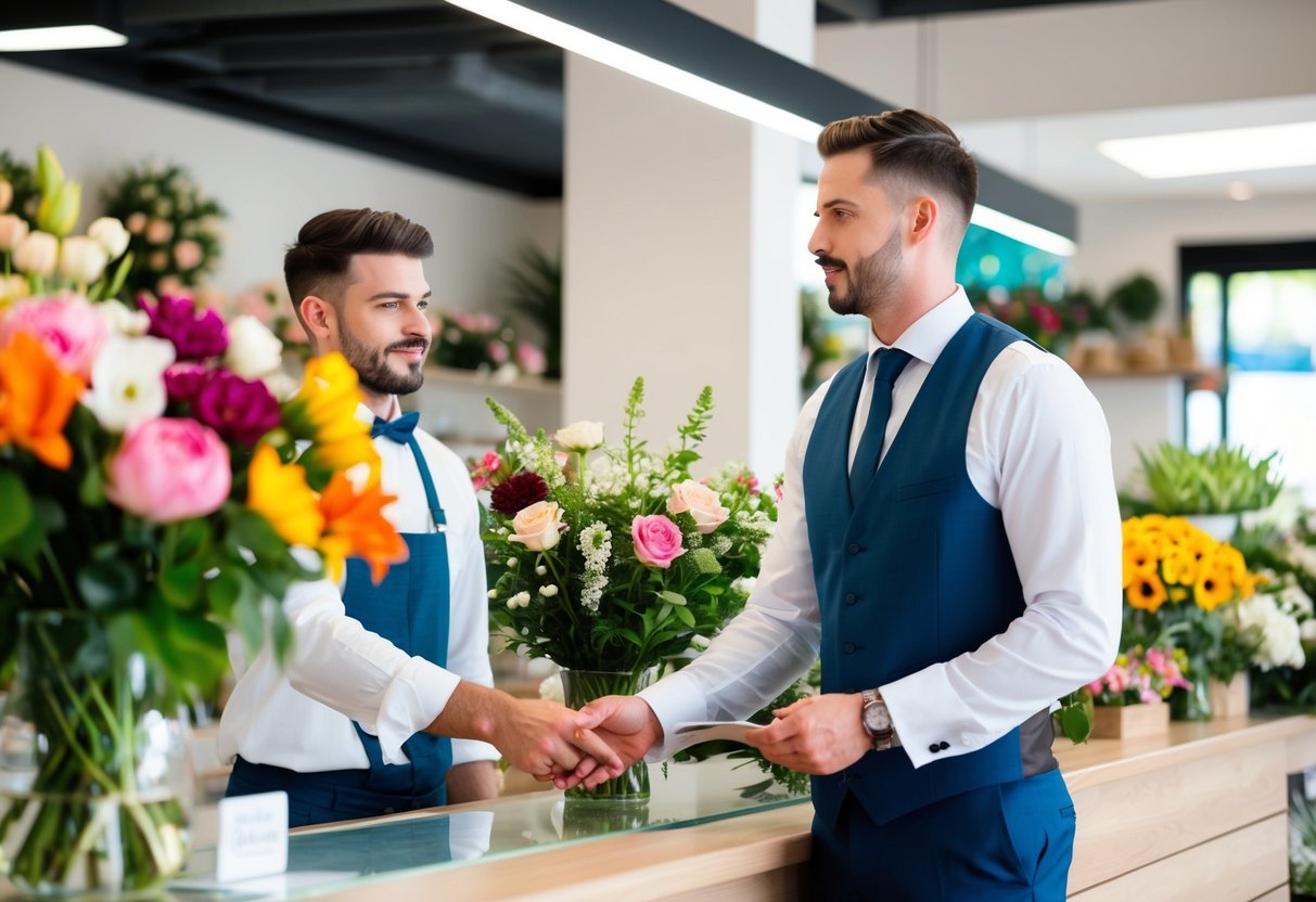 A groom standing at a floral shop counter, discussing flower arrangements and payment with the florist