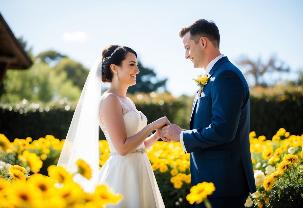 A bride and groom exchange vows in a sunlit garden filled with yellow flowers symbolizing joy and happiness in their marriage