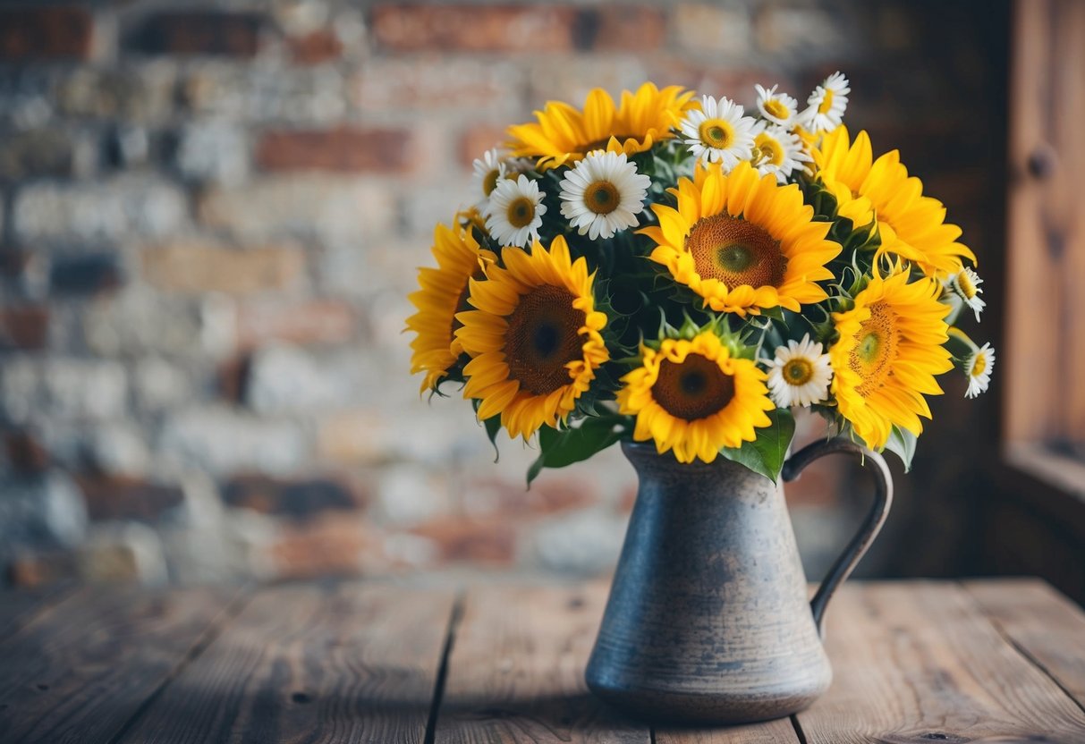 A bouquet of vibrant sunflowers and daisies in a rustic vase on a wooden table