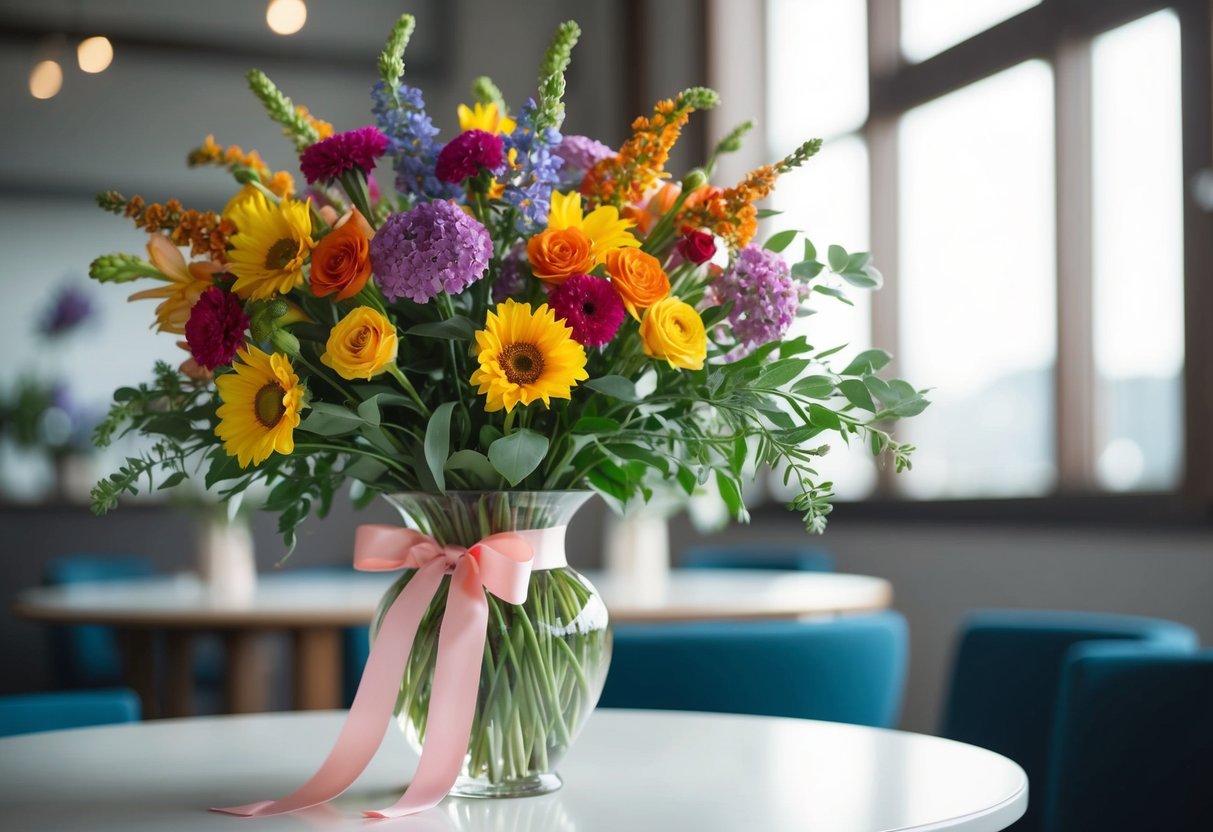 A bouquet of colorful flowers arranged in a vase, with a ribbon tied around it, placed on a table