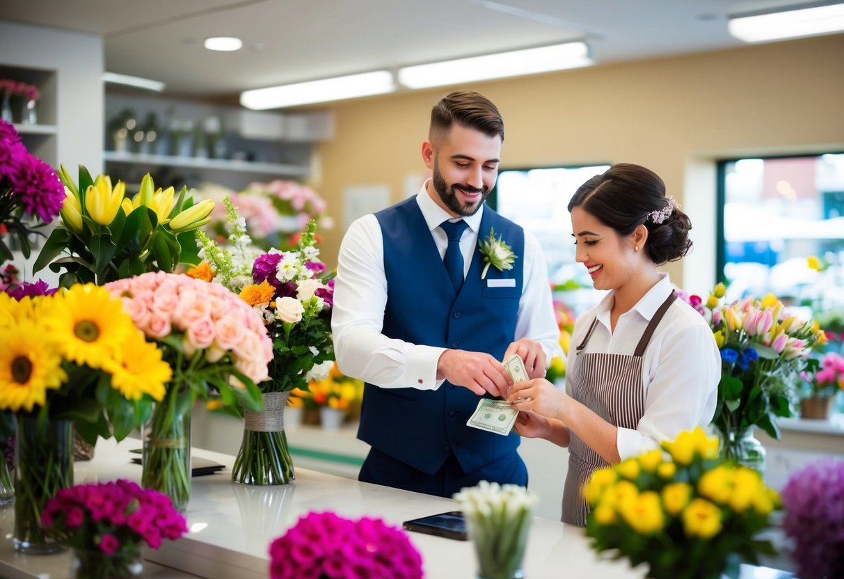 A groom stands at a flower shop counter, handing over cash to the florist as she arranges a bouquet. Tables of colorful blooms surround them