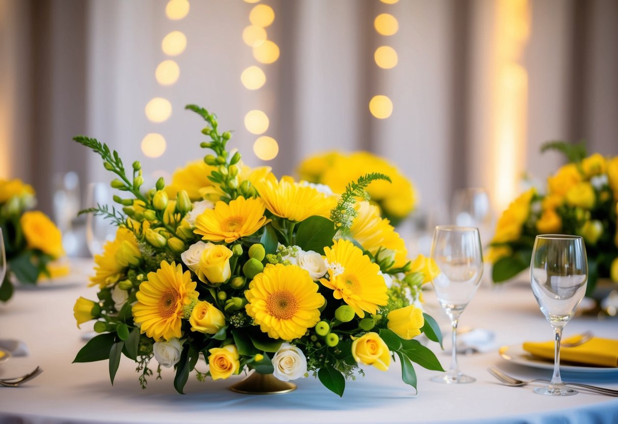 A vibrant yellow floral arrangement adorns a wedding table, symbolizing joy and happiness
