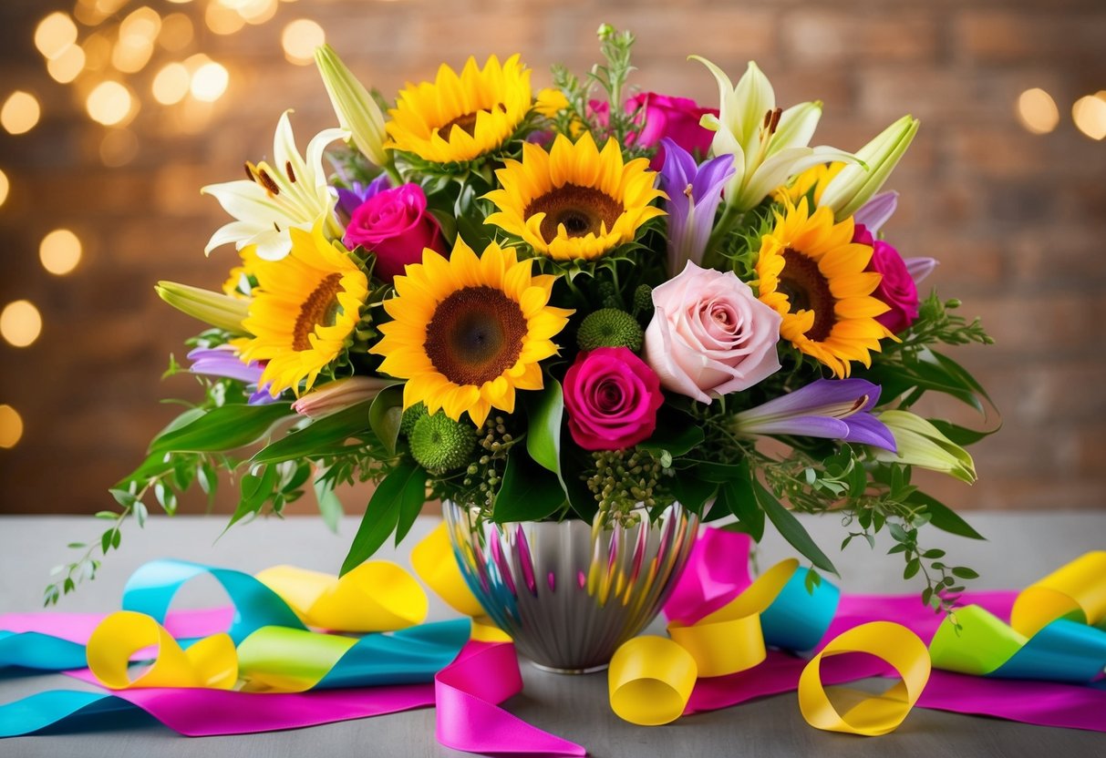 A vibrant bouquet of sunflowers, lilies, and roses arranged in a sleek vase, surrounded by greenery and bright, colorful ribbons