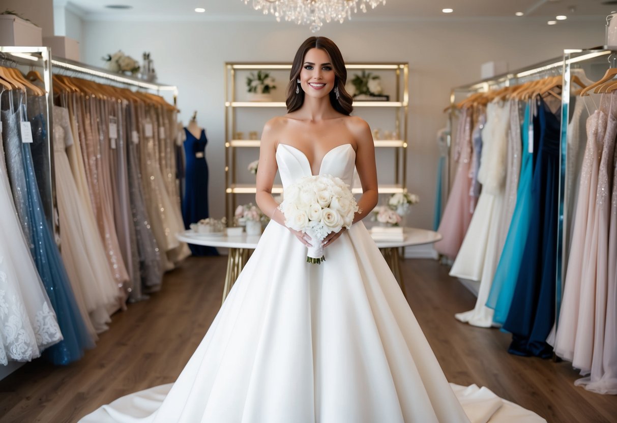A woman holding a white wedding dress while standing in a luxurious bridal boutique surrounded by racks of gowns and shelves of accessories