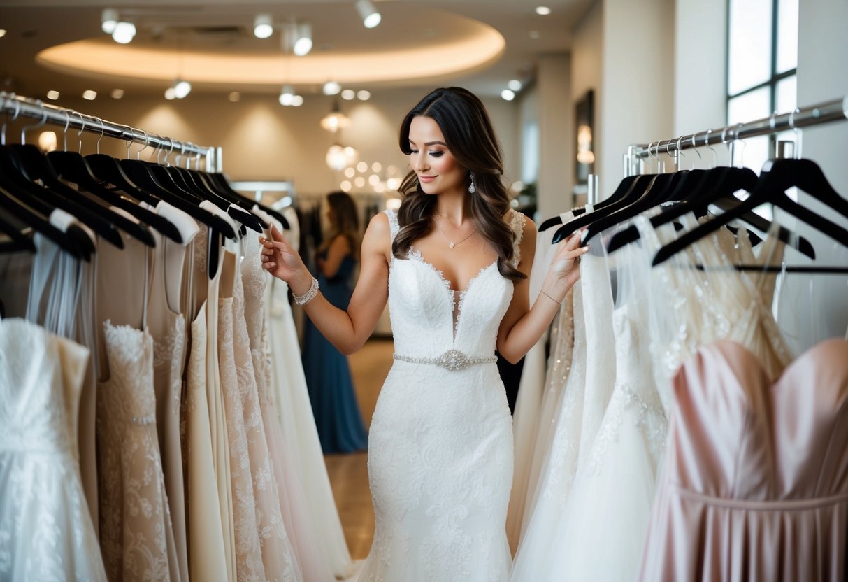 A woman browsing through racks of wedding dresses in a boutique, holding up different options and examining them closely