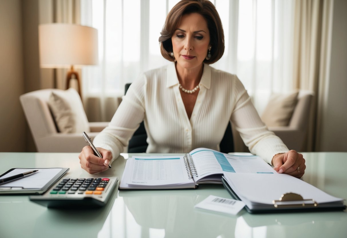 A mother sits at a desk with a calculator, checkbook, and wedding dress catalog spread out in front of her. She looks focused as she calculates and plans for the purchase