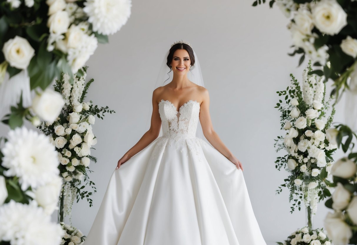 A bride standing in a white wedding gown, surrounded by white flowers and decorations