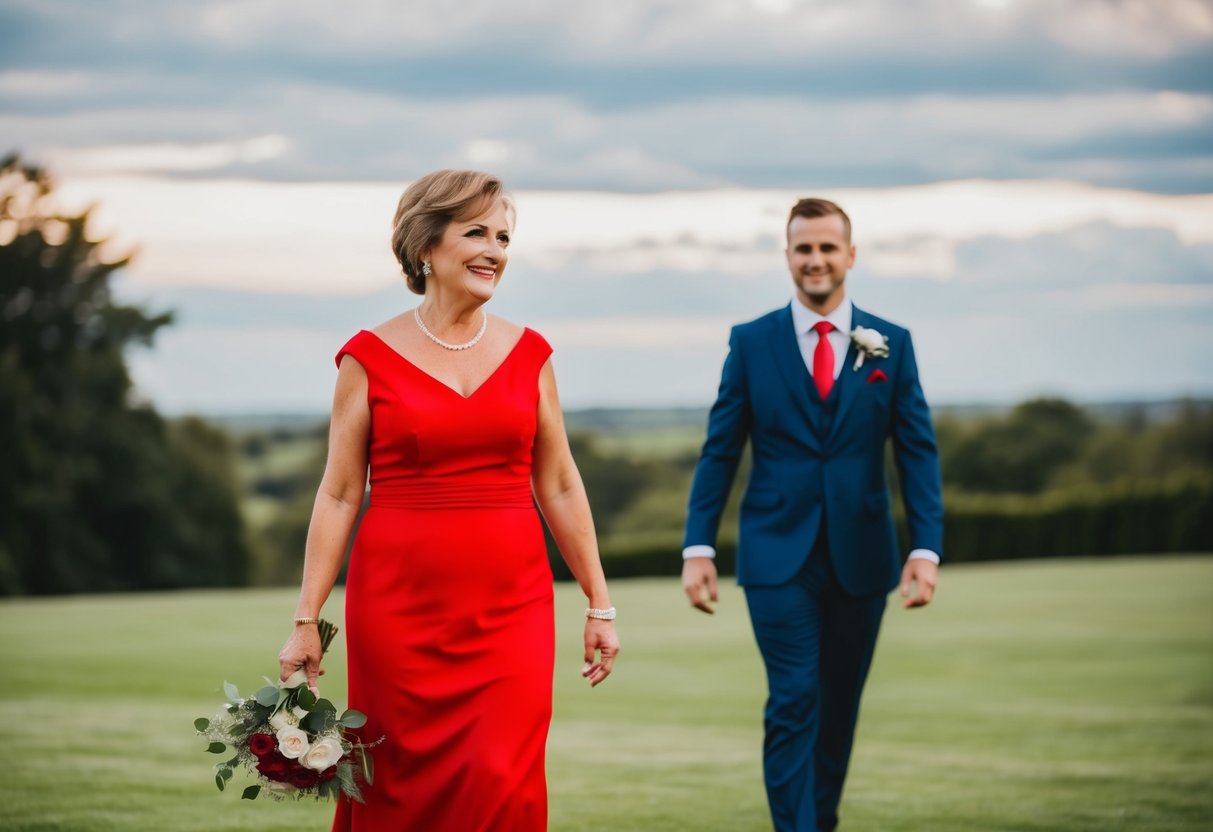A wedding scene with a mother of the groom wearing a bright red dress