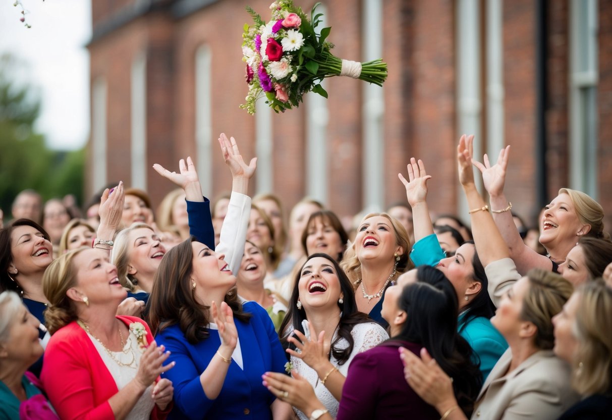 A bouquet of flowers being tossed into a crowd of eager women, all vying to catch it for good luck in love and marriage