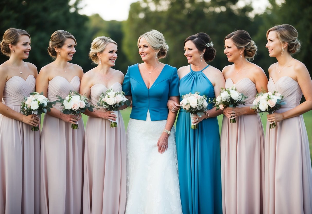 A group of bridesmaids in matching dresses stand next to the mother of the bride, who is wearing a similar colored outfit