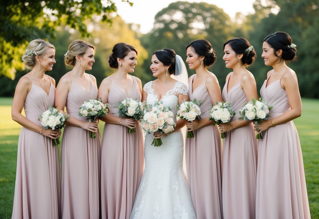 A group of bridesmaids in matching dresses stand next to the mother of the bride, who is also wearing the same color attire