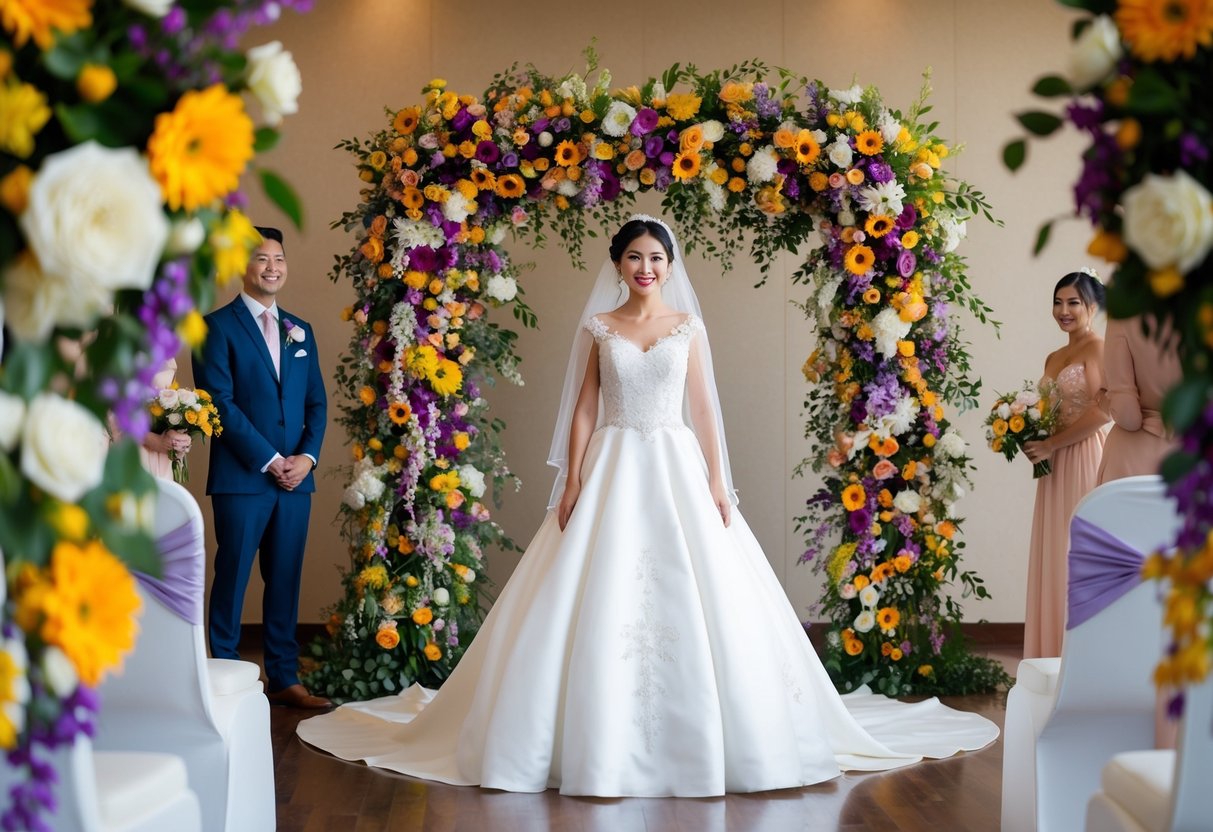 A bride standing in a traditional white wedding gown, surrounded by vibrant floral decorations symbolizing purity and new beginnings