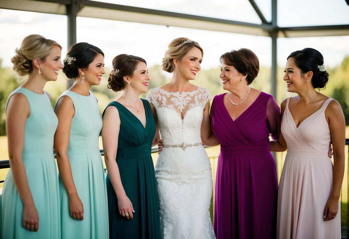 A woman in a dress matching the bridesmaids, standing beside the bride's mother in a different colored dress