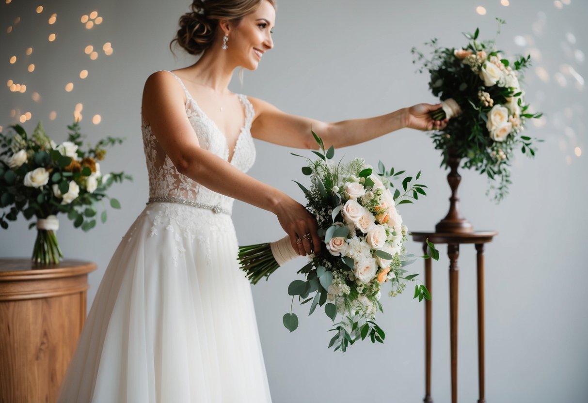 A bride holds a bouquet while reaching for another one on a floral stand