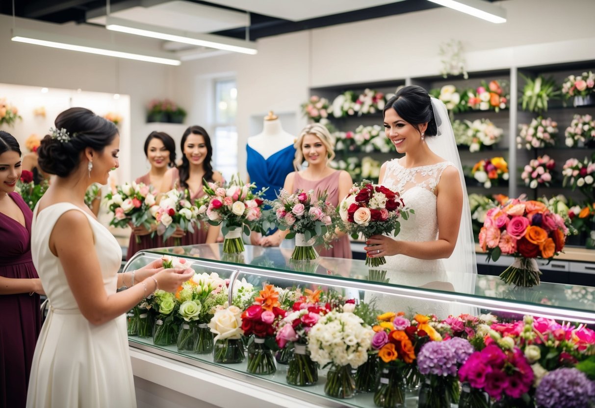 A bride stands at a floral shop counter, choosing bouquets for her bridesmaids. Various arrangements and colors fill the display