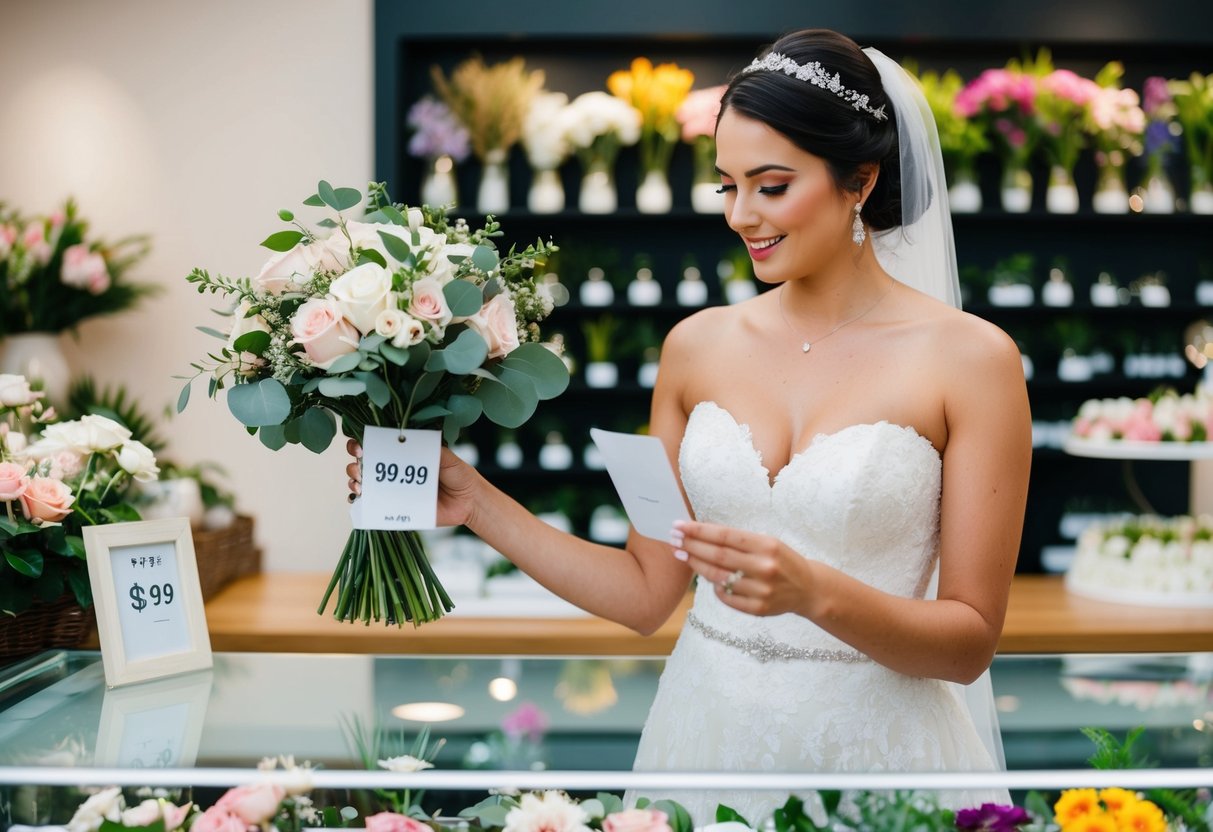 A bride standing at a floral shop counter, holding a bouquet while looking at the price tag