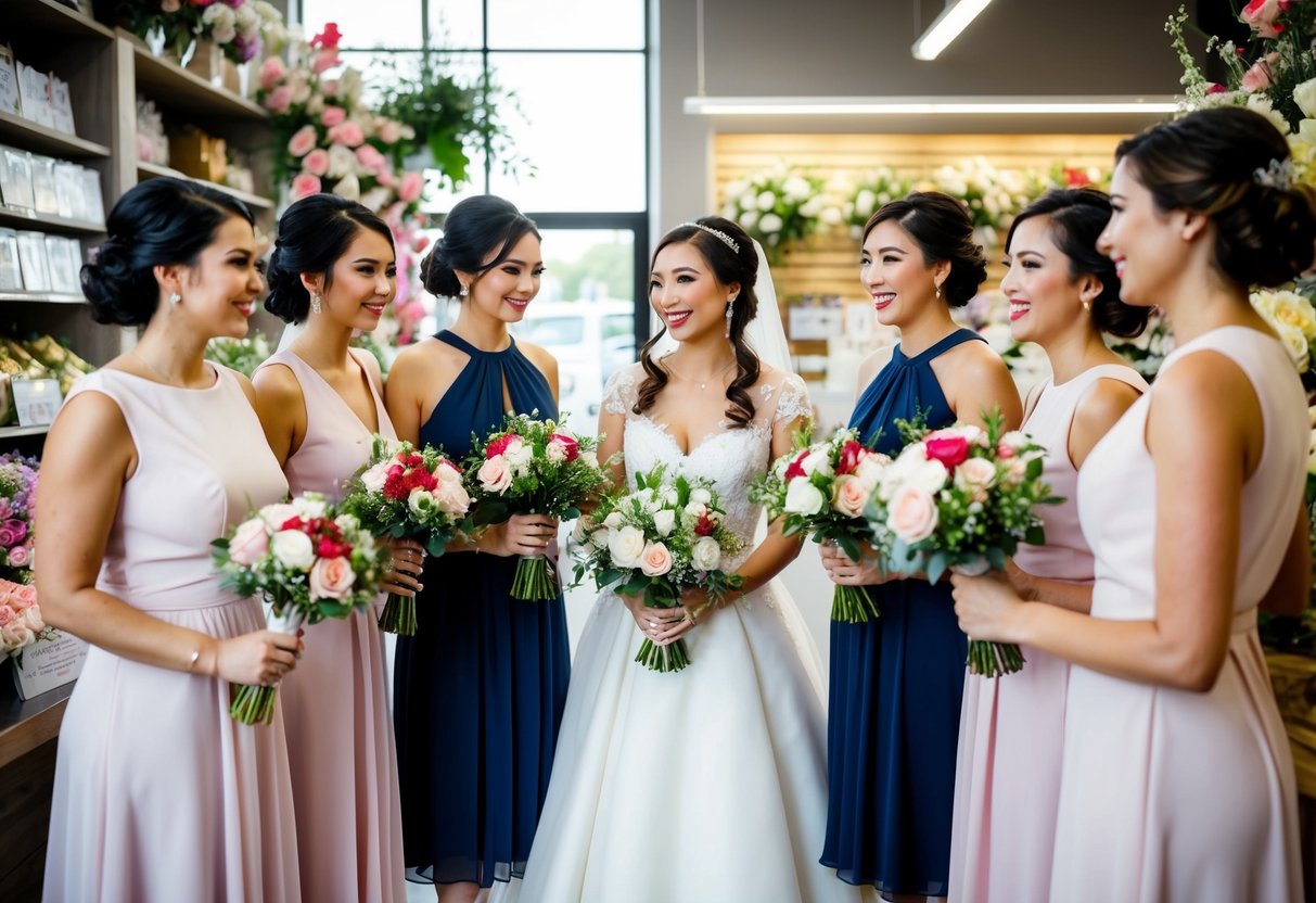 The bride selects matching bouquets for her bridesmaids at a floral shop