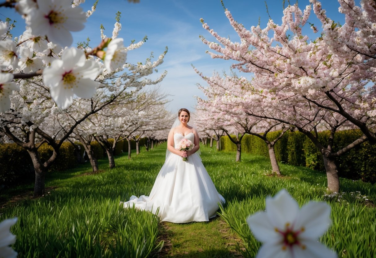 A bride standing in a field of white and pink cherry blossoms, surrounded by lush greenery and a clear blue sky