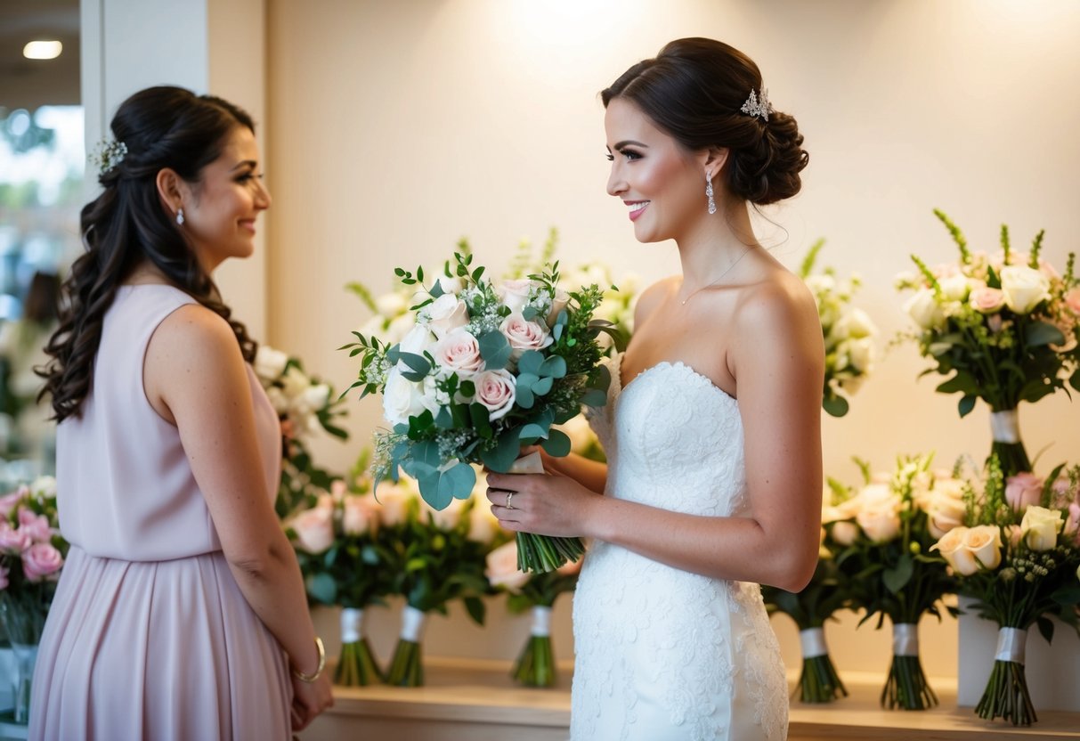 A bride holding a bouquet while looking at a display of bridesmaid bouquets in a flower shop